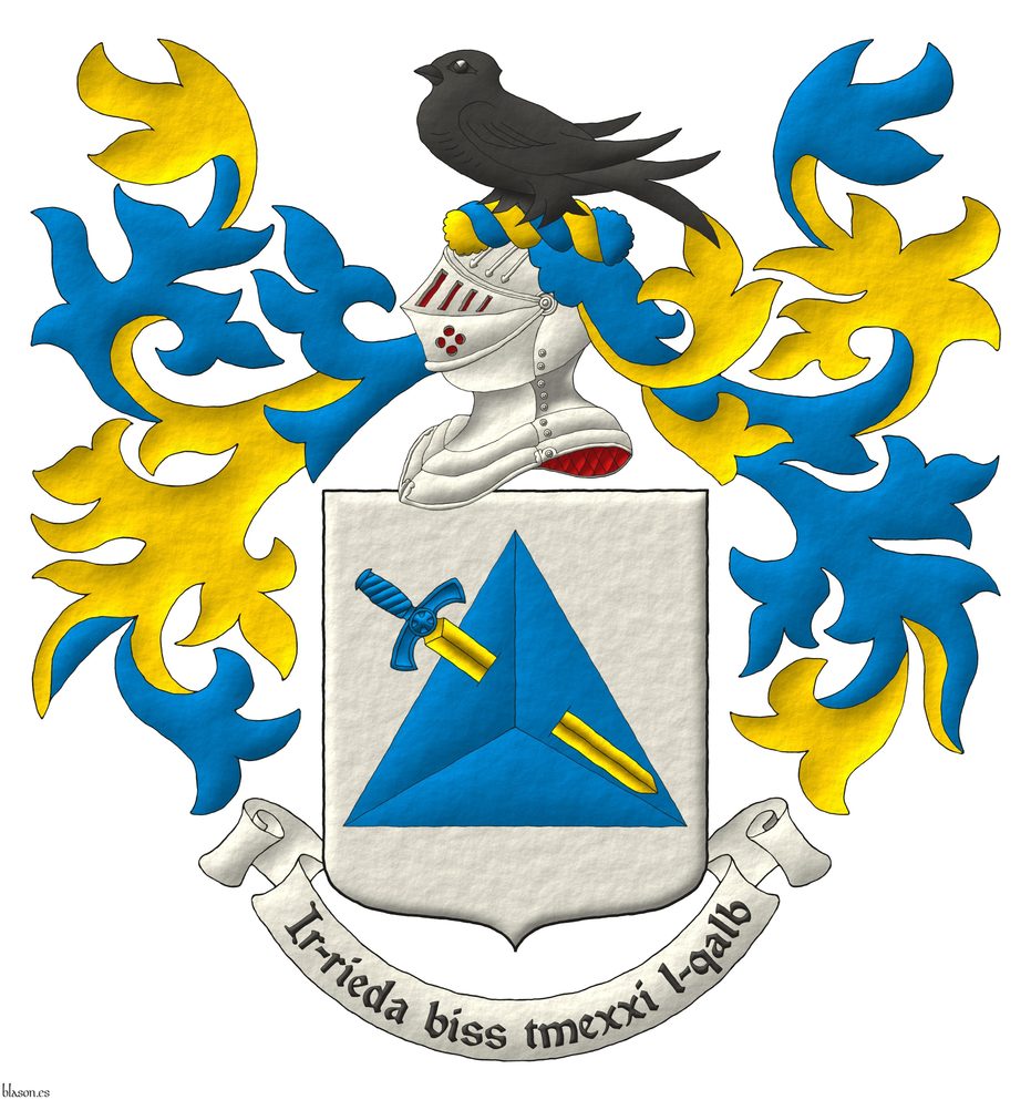 Escudo de plata, un tetraedro de azur, atravesado de una espada puesta en banda, bajada de oro, guarnecida de azur. Timbrado de un yelmo acorde a su rango, adornado de dos lambrequines de azur doblados de oro, un burelete de oro y azur, cimado de una marleta de sable. Lema: Ir-rieda biss tmexxi l-qalb.