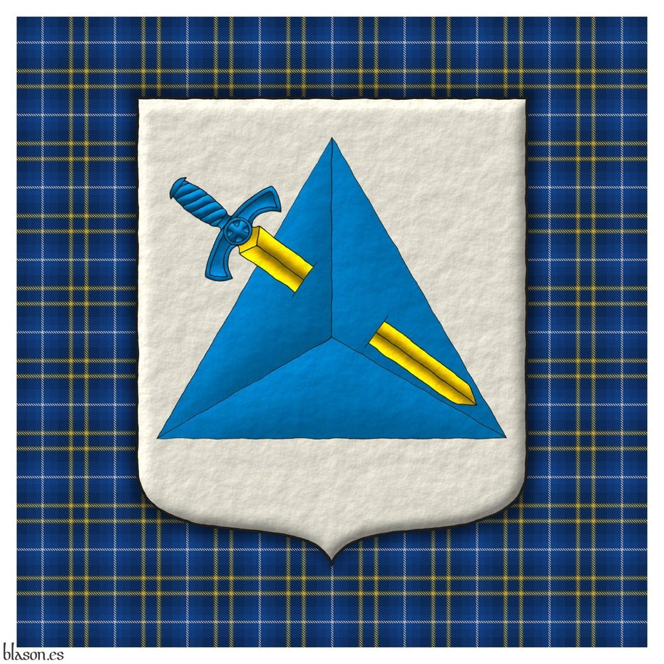 Escudo de plata, un tetraedro de azur, atravesado de una espada puesta en banda, bajada de oro, guarnecida de azur.