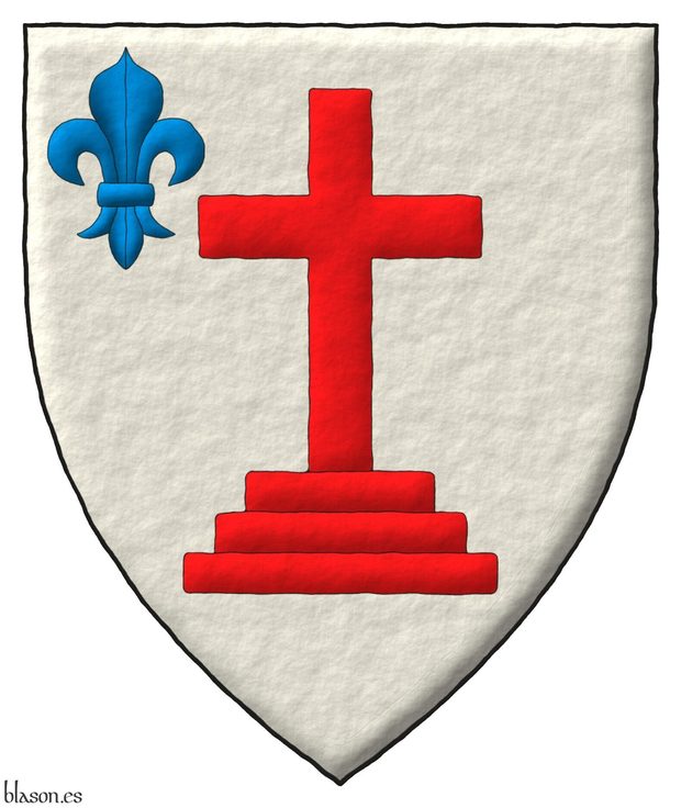 Escudo de plata, una cruz de calvario de gules, en la diestra del jefe, una flor de lis de azur.