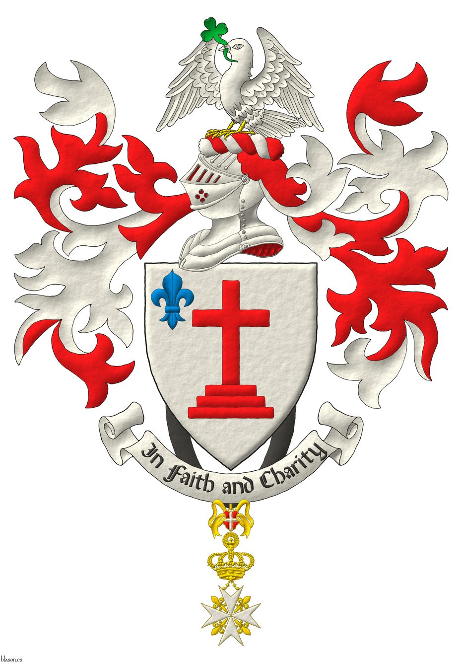 Escudo de plata, una cruz de calvario de gules, en la diestra del jefe, una flor de lis de azur. Timbrado de un yelmo acorde a su rango, adornado de dos lambrequines de gules doblados de plata, un burelete de plata y gules, cimado de una paloma alzando el vuelo de plata, teniendo en su pico una ramita de trbol al natural. Lema: In Faith and Charity. Pendiente de la punta la cruz de caballero de gracia magistral de la Soberana y Militar Orden Hospitalaria de San Juan de Jerusaln de Rodas y de Malta.