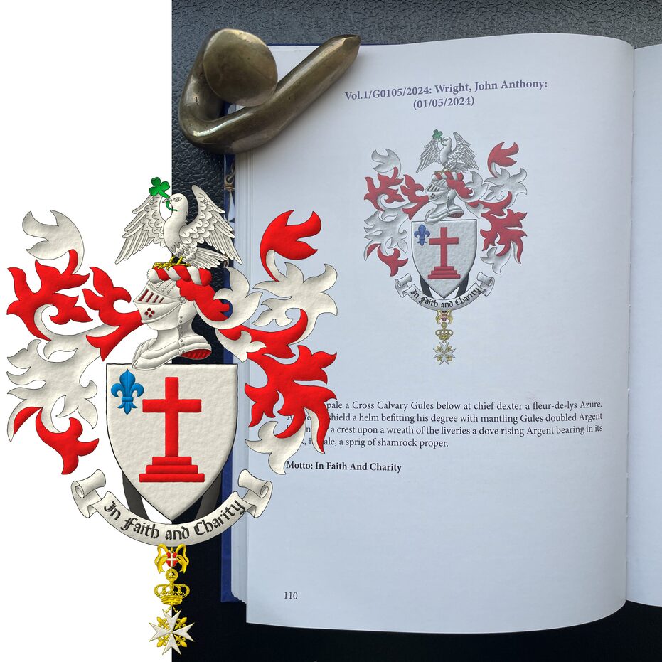 Escudo de plata, una cruz de calvario de gules, en la diestra del jefe, una flor de lis de azur. Timbrado de un yelmo acorde a su rango, adornado de dos lambrequines de gules doblados de plata, un burelete de plata y gules, cimado de una paloma alzando el vuelo de plata, membrada y armada de oro, teniendo en su pico una ramita de tr�bol al natural. Lema: �In Faith and Charity�. Pendiente del escudo la cruz de caballero de gracia magistral de la Soberana y Militar Orden Hospitalaria de San Juan de Jerusal�n de Rodas y de Malta.