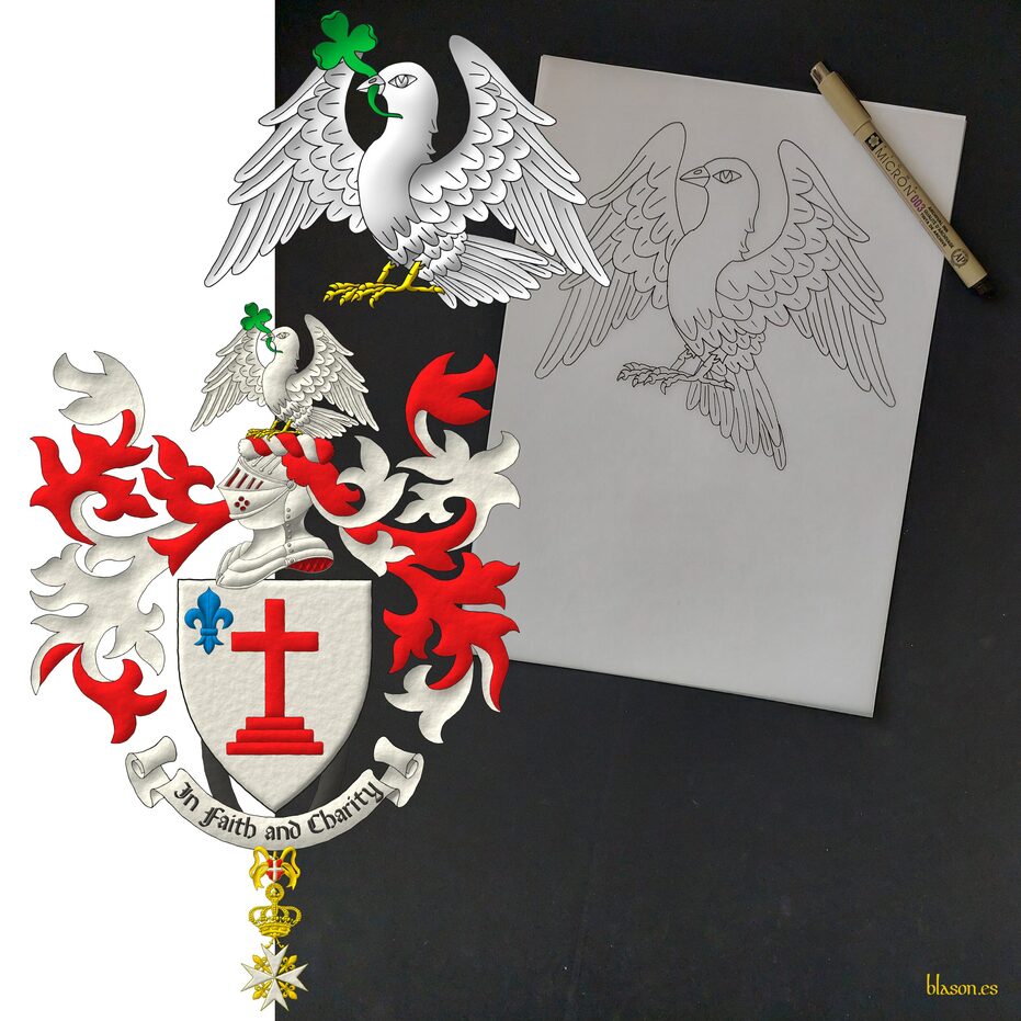 Escudo de plata, una cruz de calvario de gules, en la diestra del jefe, una flor de lis de azur. Timbrado de un yelmo acorde a su rango, adornado de dos lambrequines de gules doblados de plata, un burelete de plata y gules, cimado de una paloma alzando el vuelo de plata, membrada y armada de oro, teniendo en su pico una ramita de tr�bol al natural. Lema: �In Faith and Charity�. Pendiente del escudo la cruz de caballero de gracia magistral de la Soberana y Militar Orden Hospitalaria de San Juan de Jerusal�n de Rodas y de Malta.