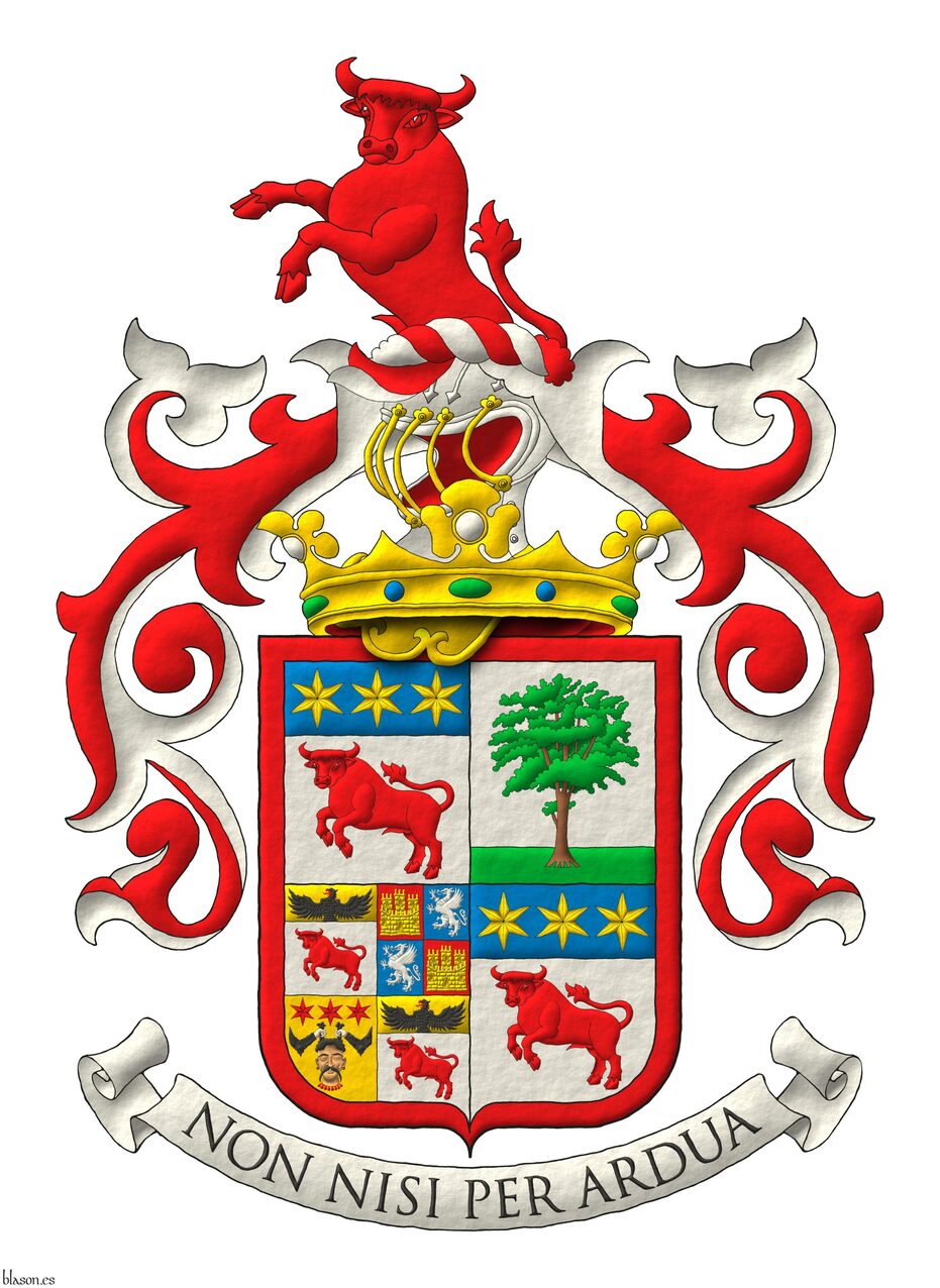 Escudo cuartelado: 1o y 4o de plata, un toro saliente, guardante de gules, en un jefe de azur, tres estrellas de oro [de Testaferrata, l�nea baronial]. 2o de plata, una morera al natural, terrazada de sinople [de Moroni]. 3o cuartelado: 1o y 4o de plata, un toro saliente, guardante de gules, en un jefe de oro, un �guila saliente de sable, picada y lampasada de gules [de Testaferrata, l�nea de los caballeros del Sacro Imperio Romano]; 2o cuartelado: i y iv de gules, un castillo de tres torres de oro, ii y iii de azur, un grifo rampante de plata [de Castelletti]; 3o de oro, una cabeza de frente, cortada y ensangrentada al natural, cabellada de sable, acompa�ada de dos brazos curvados al natural, armados de sable, teni�ndola por los cabellos, en jefe tres estrellas de gules [de Viani]. El todo brisado de una bordura de gules. Timbrado de un yelmo acorde con su rango saliente de la corona de patricio romano sumada al escudo y adornado de dos lambrequines de gules doblados de plata, un burelete de plata y gules, cimado de un toro saliente, guardante de gules. Lema: �Non nisi per ardua�.
