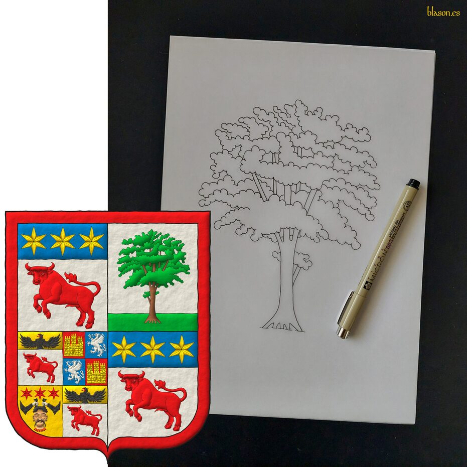 Escudo cuartelado: 1o y 4o de plata, un toro saliente, guardante de gules, en un jefe de azur, tres estrellas de oro [de Testaferrata, l�nea baronial]. 2o de plata, una morera al natural, terrazada de sinople [de Moroni]. 3o cuartelado: 1o y 4o de plata, un toro saliente, guardante de gules, en un jefe de oro, un �guila saliente de sable, picada y lampasada de gules [de Testaferrata, l�nea de los caballeros del Sacro Imperio Romano]; 2o cuartelado: i y iv de gules, un castillo de tres torres de oro, ii y iii de azur, un grifo rampante de plata [de Castelletti]; 3o de oro, una cabeza de frente, cortada y ensangrentada al natural, cabellada de sable, acompa�ada de dos brazos curvados al natural, armados de sable, teni�ndola por los cabellos, en jefe tres estrellas de gules [de Viani]. El todo brisado de una bordura de gules.