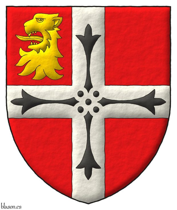 Escudo de gules, una cruz de plata cargada de cuatro colas de armio en cruz, en la diestra del jefe una cabeza de len arrancada de oro.