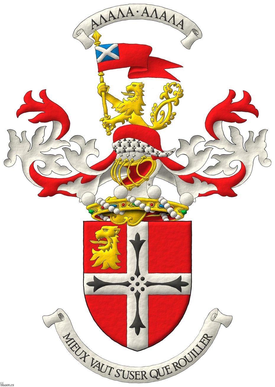Escudo de gules, una cruz de plata cargada de cuatro colas de armio en cruz, en la diestra del jefe una cabeza de len arrancada de oro. Timbrado de un yelmo acorde con su rango saliente de una corona de barn sumada al escudo y adornado de dos lambrequines de gules doblados de plata, una gorra de gules forrada de armios, cimada de un len saliente, horquillado de oro, teniendo en su diestra un gallardete de gules, con un cantn de azur, cargado con un sotuer de plata. Grito de guerra sobre la cimera: ΑΛΑΛΑ ΑΛΑΛΑ. Lema: Mieux vaut suser que rouiller.