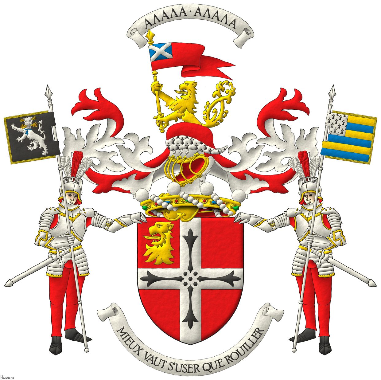 Escudo de gules, una cruz de plata cargada de cuatro colas de armio en cruz, en la diestra del jefe una cabeza de len arrancada de oro. Timbrado de un yelmo acorde con su rango saliente de una corona de barn sumada al escudo y adornado de dos lambrequines de gules doblados de plata, una gorra de gules forrada de armios, cimada de un len saliente, horquillado de oro, teniendo en su diestra un gallardete de gules, con un cantn de azur, cargado con un sotuer de plata. Grito de guerra sobre la cimera: ΑΛΑΛΑ ΑΛΑΛΑ. Lema: Mieux vaut suser que rouiller. Soportes: A cada lado un caballero en armadura de tres cuartos al natural, cada uno sosteniendo con su mano exterior una lanza de plata con un pendn, el diestro de sable, una pantera rampante guardante de plata, llameante de oro, collarada con una campana pendiente de azur; el siniestro fajado de seis piezas de oro y azur, un cantn de armios.