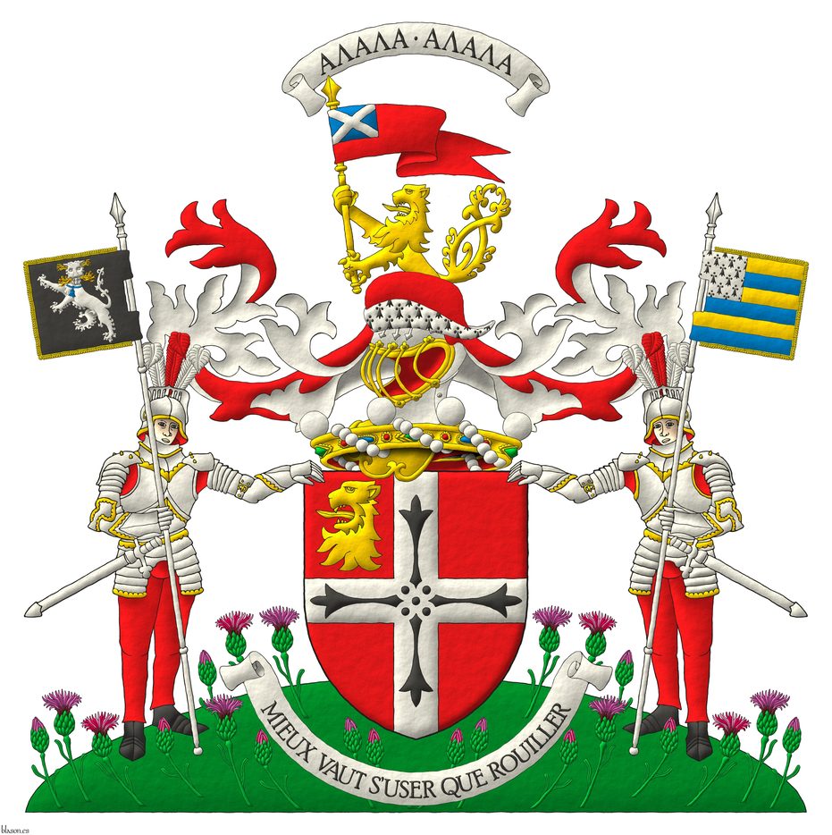 Escudo de gules, una cruz de plata cargada de cuatro colas de armio en cruz, en la diestra del jefe una cabeza de len arrancada de oro. Timbrado de un yelmo acorde con su rango saliente de una corona de barn sumada al escudo y adornado de dos lambrequines de gules doblados de plata, una gorra de gules forrada de armios, cimada de un len saliente, horquillado de oro, teniendo en su diestra un gallardete de gules, con un cantn de azur, cargado con un sotuer de plata. Grito de guerra sobre la cimera: ΑΛΑΛΑ ΑΛΑΛΑ. Lema: Mieux vaut suser que rouiller. Soportes: A cada lado un caballero en armadura de tres cuartos al natural, cada uno sosteniendo con su mano exterior una lanza de plata con un pendn, el diestro de sable, una pantera rampante guardante de plata, llameante de oro, collarada con una campana pendiente de azur; el siniestro fajado de seis piezas de oro y azur, un cantn de armios, terrazados de sinople, sembrado de Cheirolophus crassifolius al natural.