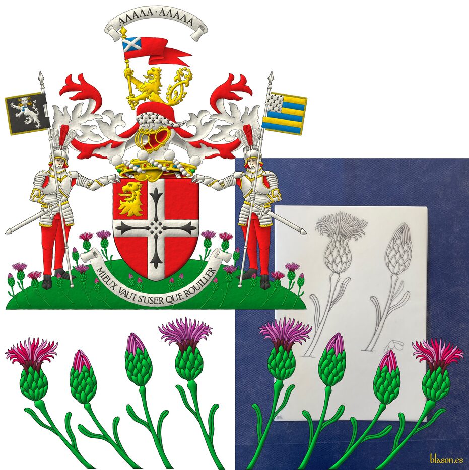 Escudo de gules, una cruz de plata cargada de cuatro colas de armi�o unidas en cruz, en la diestra del jefe una cabeza de le�n arrancada de oro. Timbrado de un yelmo acorde con su rango saliente de una corona de bar�n sumada al escudo y adornado de dos lambrequines de gules doblados de plata, una gorra de gules forrada de armi�os, cimada de un le�n saliente, horquillado de oro, teniendo un gallardete de gules, con un cant�n de azur, cargado con un sotuer de plata. Grito de guerra sobre la cimera: �&Alpha;&Lambda;&Alpha;&Lambda;&Alpha; � &Alpha;&Lambda;&Alpha;&Lambda;&Alpha;�. Lema: �Mieux vaut s�user que rouiller�. Soportes: A cada lado un caballero de frente, en armadura de tres cuartos al natural, cada uno sosteniendo con su mano exterior una lanza de plata con un pend�n, el diestro de sable, una pantera rampante guardante de plata, llameante de oro, acollarada con una campana pendiente de azur; el siniestro fajado de seis piezas de oro y azur, un cant�n de armi�os, terrazado de sinople, sembrado de Cheirolophus crassifolius al natural.
