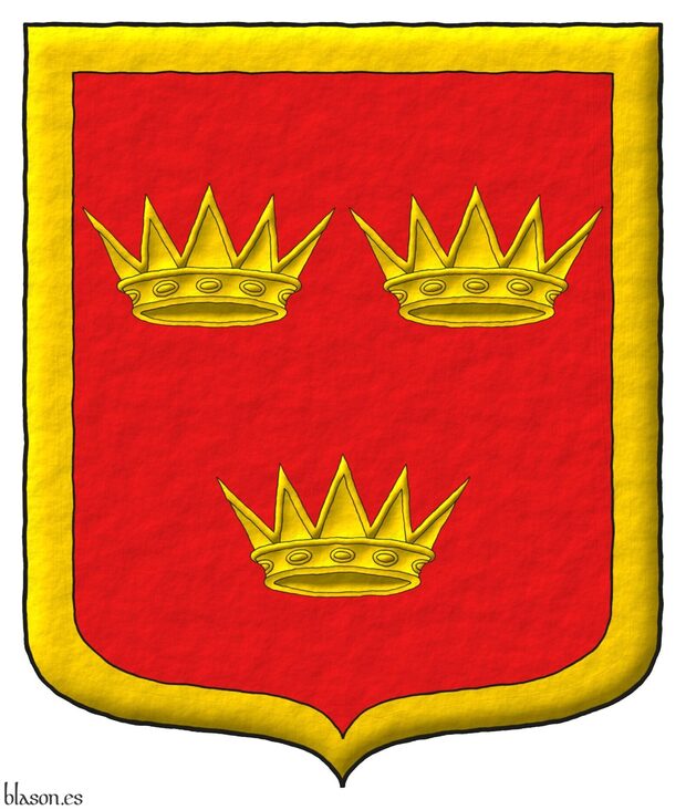 Gules, three ancient coronets, 2 and 1, within a bordure Or.