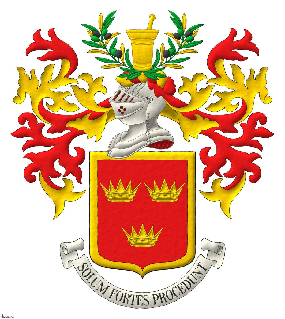 Gules, three ancient coronets, 2 and 1, within a bordure Or. Crest: Upon a helm befitting his degree, with a wreath Or and Gules, on two olive branches Vert, leaved Or and Vert, fructed Sable and Vert a mortar and pestle Or. Mantling: Gules doubled Or. Motto: �Solum Fortes Procedunt�.