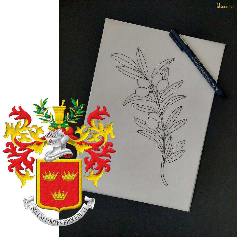 Gules, three ancient coronets, 2 and 1, within a bordure Or. Crest: Upon a helm befitting his degree, with a wreath Or and Gules, on two olive branches Vert, leaved Or and Vert, fructed Sable and Vert a mortar and pestle Or. Mantling: Gules doubled Or. Motto: �Solum Fortes Procedunt�.