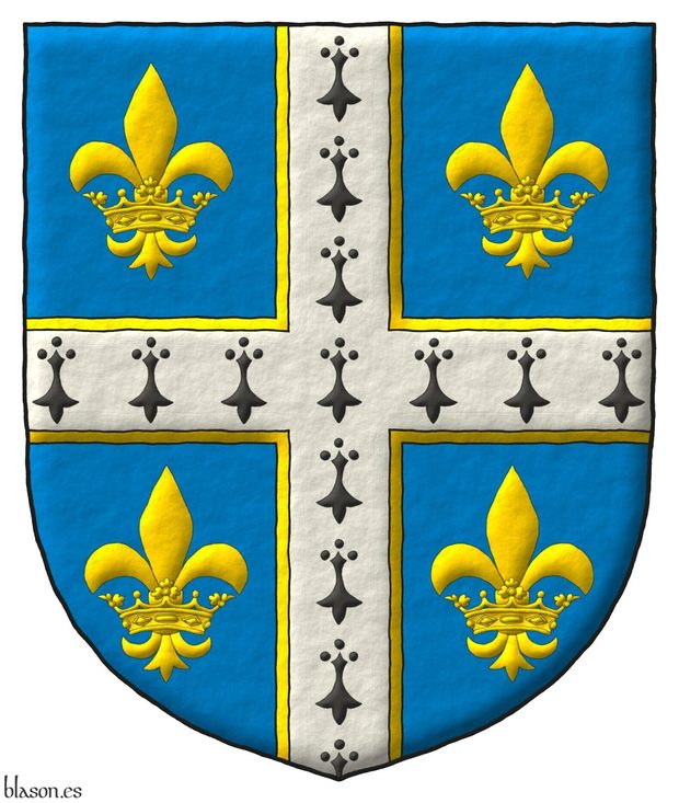 Azure, a cross ermine fimbriated Or, between four fleurs de lis Argent, each enfiled in a crown Or.