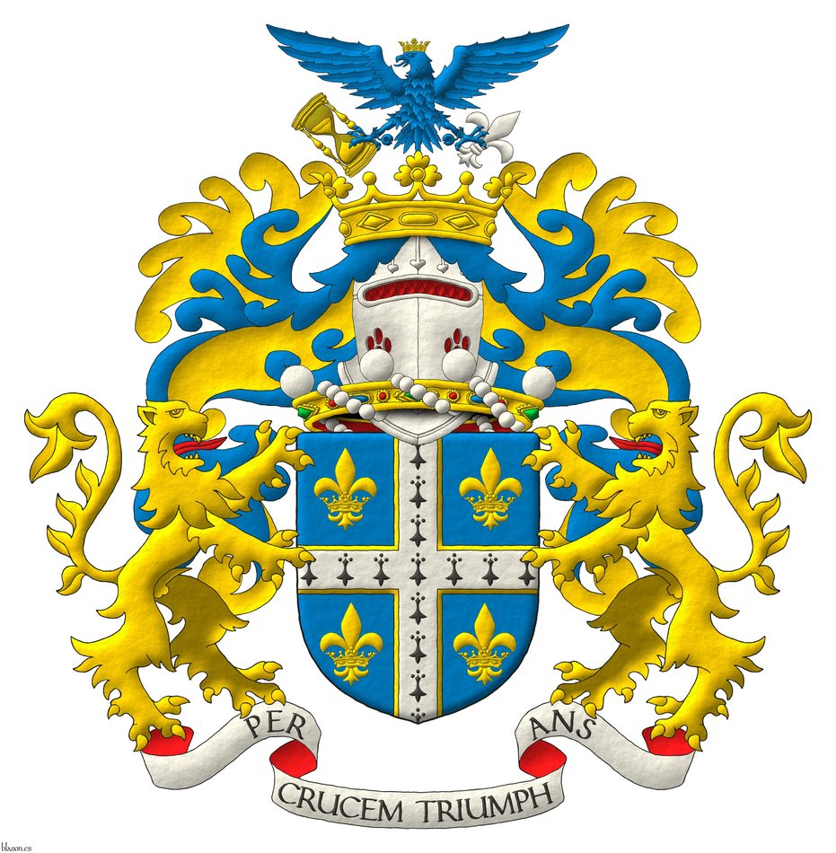 Escudo de azur, una cruz de armios, perfilada de oro, acompaada de cuatro flores de lis de plata, cada una enfilada de una corona de oro. Timbrado de un yelmo acorde a su rango, saliente de una corona de barn, adornado de dos lambrequines de azur doblados de oro, un burelete de oro y azur, cimado de un halcn, cascabelado de azur, coronado de oro, teniendo en su diestra un reloj de arena de oro y en su siniestra una flor de lis de plata. Lema: Per Crucem Triumphans de sable, sobre una filacteria de plata, doblada de gules. Por soportes, dos leones rampantes de oro, lampasados de gules.