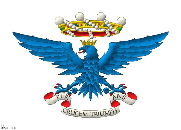 A crown of Baron above a falcon displayed and belled Azure, armed and langued Gules, crowned Or, grasping with its talons a scroll Argent, doubled Gules, inscribed with the motto Per Crucem Triumphans Sable.