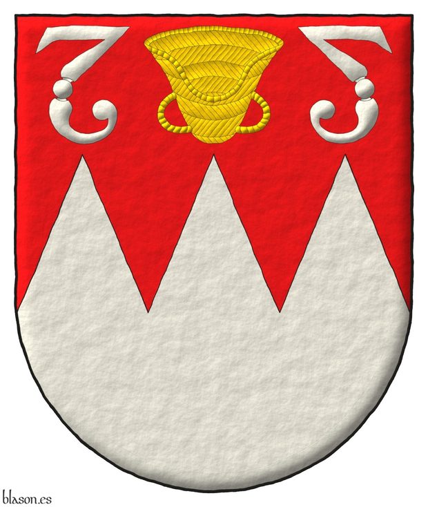 Party per fess dancetty Gules and Argent, in chief a winnowing fan reversed Or between two fleams addorsed Argent.