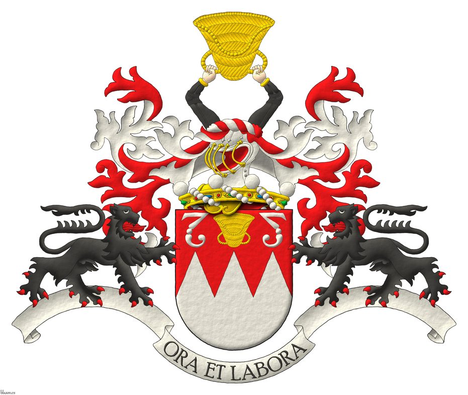 Party per fess dancetty Gules and Argent, in chief a winnowing fan reversed Or between two fleams addorsed Argent. Crest: Upon a helm befitting his degree issuant from a crown of Baron above the shield, with a wreath Argent and Gules, two arms embowed proper, vested Sable, cuffed Or, holding aloft a winnowing fan reversed Or. Mantling: Gules doubled Argent. Motto: Ora et Labora. Supporters: Two lions passant, tails addorsed Sable, armed and langued Gules.