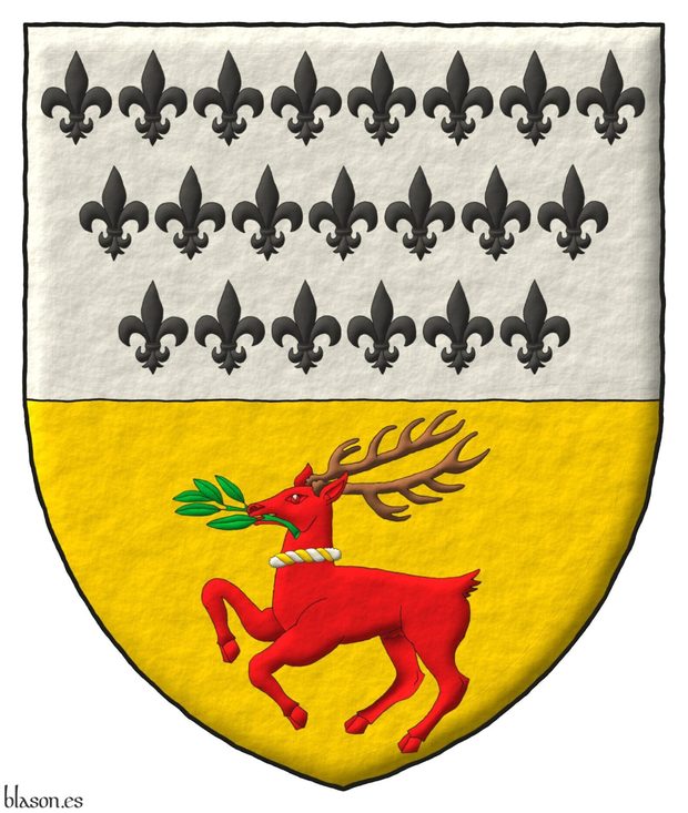 Party per fess Argent and Or, in chief twenty one fleurs de lis Sable, 8, 7, and 6, in base, a stag passant Gules attired proper, holding in its mouth a sprig Vert, gorged with a wreath Argent and Or.