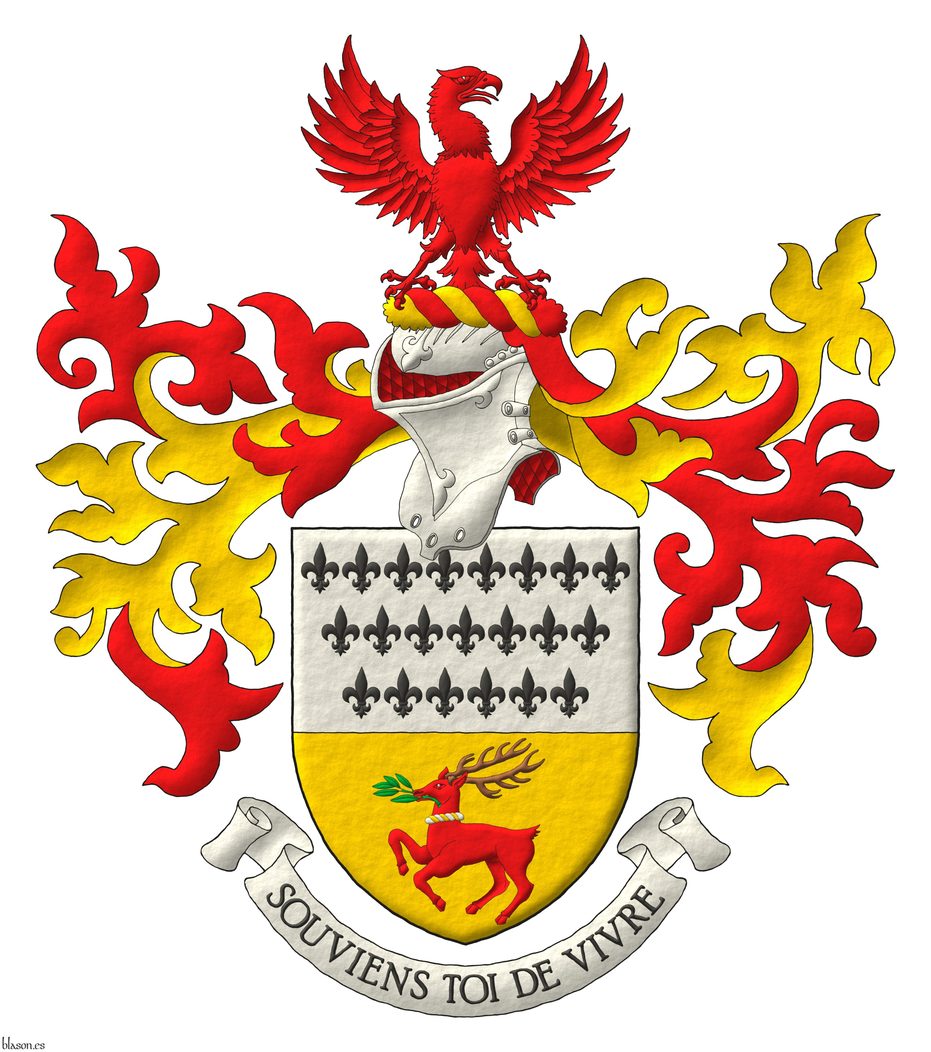 Party per fess Argent and Or, in chief twenty one fleurs de lis Sable, 8, 7, and 6, in base, a stag passant Gules attired proper, holding in its mouth a sprig Vert, gorged with a wreath Argent and Or. Crest: Upon a helm befitting his degree, with a wreath Or and Gules, an eagle displayed facing sinister Gules. Mantling: Gules doubled Or. Motto: Souviens Toi De Vivre.