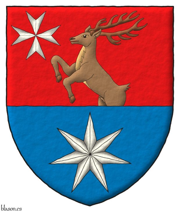 Party per fess, 1 Gules, a stag rampant, issuant from base proper, in the dexter chief a Maltese cross Argent; 2 Azure, a mullet of seven points Argent.