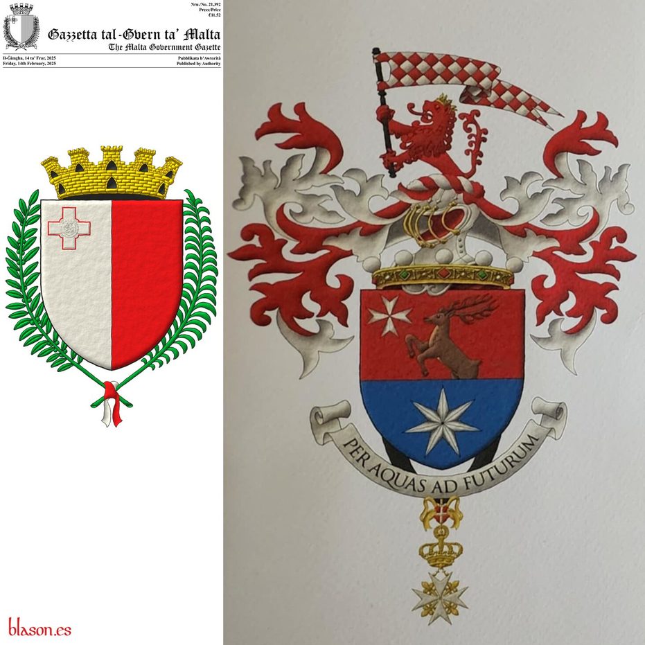 Party per fess, 1 Gules, a stag rampant, issuant from base proper, in the dexter chief a Maltese cross Argent; 2 Azure, a mullet of seven points Argent. Crest: Upon a helm befitting his degree issuant from a crown of Noble above the shield, with a wreath Argent and Gules, a demi-lion Gules, crowned Or, grasping in its paws a swallow-tailed pennon lozengy Gules and Argent, shafted Sable. Mantling: Gules doubled Argent. Motto: Per Aquas Ad Futurum. Suspended from the shield, the cross of Knight of Magistral Grace of the Sovereign Military Order of Malta.