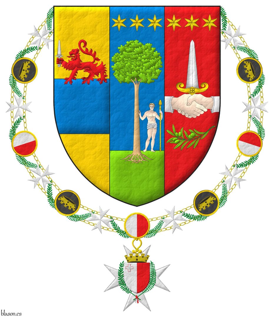 Terciado en palo: 1o de oro, una faja de azur cargada de un len pasante de gules teniendo una espada alzada de plata [de Spiteri]; 2o de azur, un rbol arrancado al natural, terrazado de sinople, soportado a la siniestra de un hombre al natural, vestido de un taparrabos de plata, teniendo en su siniestra una lanza alzada de oro, en jefe tres estrellas de seis puntas en faja de oro [de Debono]; 3o de gules, una alianza moviente de los flancos de carnacin, vestida de plata, teniendo una daga alzada de plata, guarnecida de oro, en jefe tres estrellas de seis puntas en faja de oro, en punta una ramita de olivo puesta en faja al natural [de Zammit]. El escudo est rodeado del Gran Collar de la Orden Nacional del Mrito de Malta, en su calidad de Jefa de la Orden.