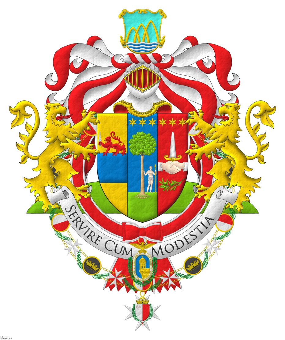 Terciado en palo: 1o de oro, una faja de azur cargada de un len pasante de gules teniendo una espada alzada de plata [de Spiteri]; 2o de azur, un rbol arrancado al natural, terrazado de sinople, soportado a la siniestra de un hombre al natural, vestido de un taparrabos de plata, teniendo en su siniestra una lanza alzada de oro, en jefe tres estrellas de seis puntas en faja de oro [de Debono]; 3o de gules, una alianza moviente de los flancos de carnacin, vestida de plata, teniendo una daga alzada de plata, guarnecida de oro, en jefe tres estrellas de seis puntas en faja de oro, en punta una ramita de olivo puesta en faja al natural [de Zammit]. Timbrado de un yelmo acorde con su rango como Presidenta de Malta, adornado de dos lambrequines de gules doblados de plata, un burelete de plata y gules, cimado de un escudete de celeste, una punta ondada de plata, cargada de tres burelas de azur, sosteniendo tres arcos entrelazados de oro. Por soportes, dos leones rampantes de oro, lampasados de gules, terrazados de un monte de sinople. Lema: Servire Cum Modestia. El escudo est rodeado de la Xirka Gieh ir-Repubblika y del Gran Collar de la Orden Nacional del Mrito de Malta, en su calidad de Jefa de ambas.