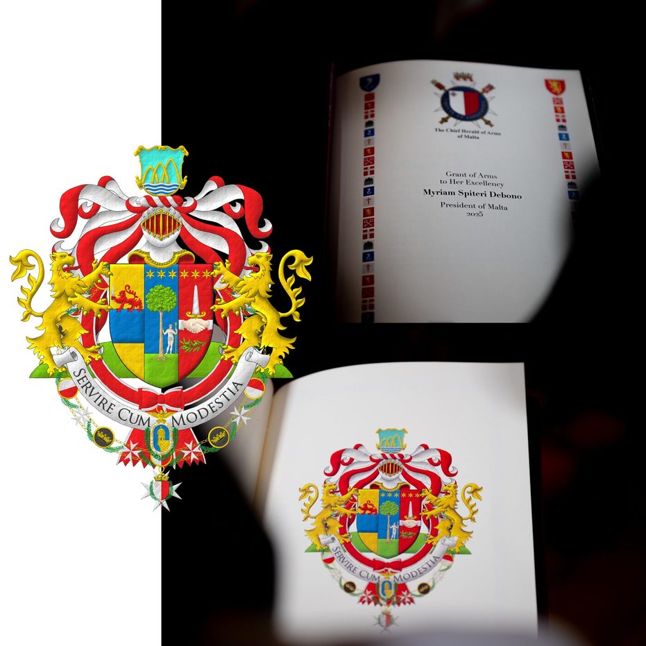 Tierced per pale: 1 Or, upon a fess Azure a lion passant Gules holding a sword point upwards Argent [for Spiteri]; 2 Azure, upon a base Vert a tree eradicated proper, supported at sinister by a man proper wearing a loincloth Argent and holding in his sinister a spear point upwards Or and in chief three mullets of six points in fess Or [for Debono], 3 Gules, two hands clasped throughout proper, vested Argent, holding a dagger point upwards Argent, hilted Or, in chief three mullets of six points in fess Or and in base a sprig of olive fesswise proper [for Zammit]. Crest: Upon a helm, befitting her degree as President of Malta, with a wreath Or and Gules, an escutcheon Bleu celeste, issuant from a base wavy Argent, charged with three bars wavy Azure, three arches interlaced in fess Or. Mantling: Gules doubled Argent. Supporters: Two lions rampant Or, langued Gules, terraced by a mound Vert. Motto: Servire Cum Modestia. The shield is surrounded by the Xirka Gieh ir-Repubblika and the Grand Collar of Malta's National Order of Merit, as Head of both.