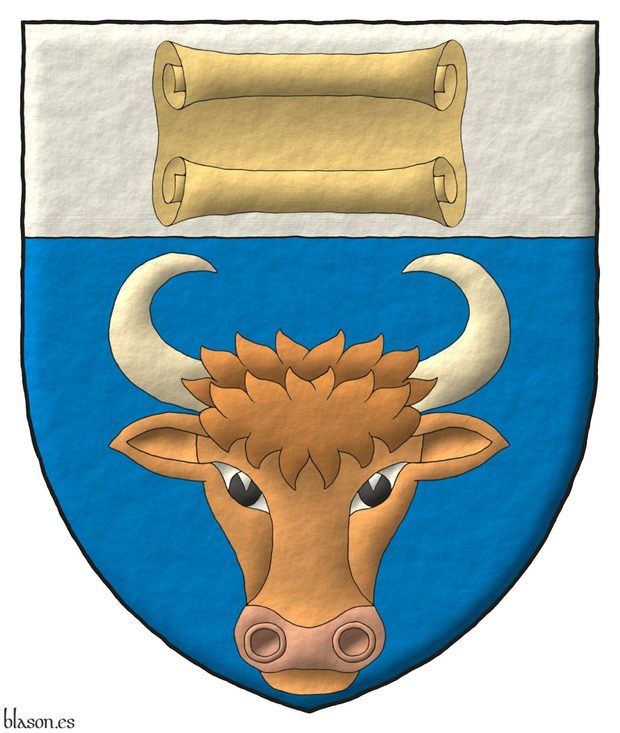 Azure, a cow's head caboshed proper; on a chief Argent, a scroll palewise proper.