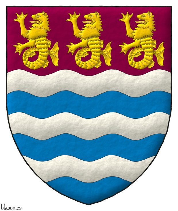 Barry wavy Argent and Azure; on a chief wavy Murrey, three sea-lions sejant-erect in fess Or.