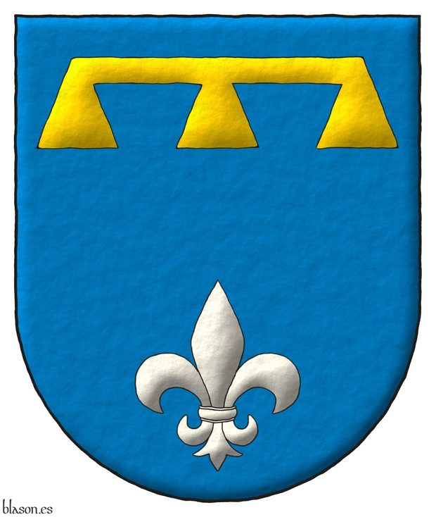 Azure, in chief a label Or, and in base a fleur de lis Argent.