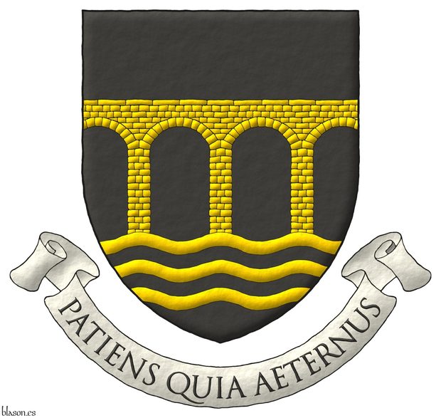 Escudo de sable, un puente de cuatro ojos de oro, mazonado de sable, moviente de los flancos, sostenido por tres burelas ondadas de oro. Lema: Patiens Quia Aeternus.