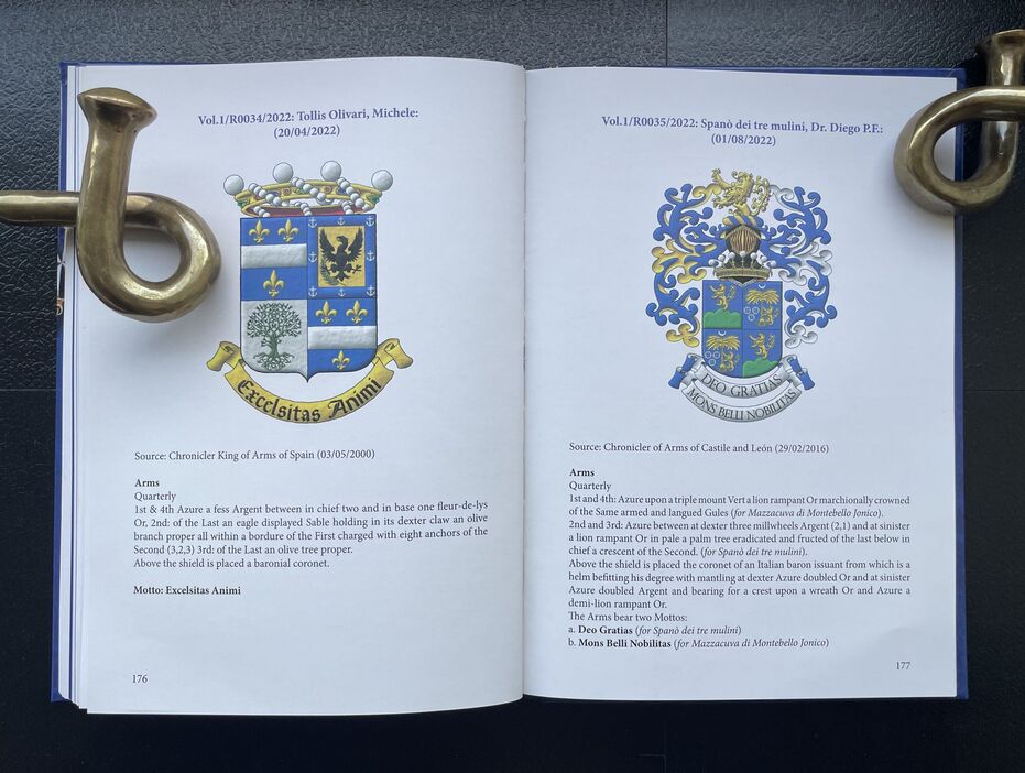 Doble p�gina 176-177 del libro con dos escudos de armas pintados por m�.