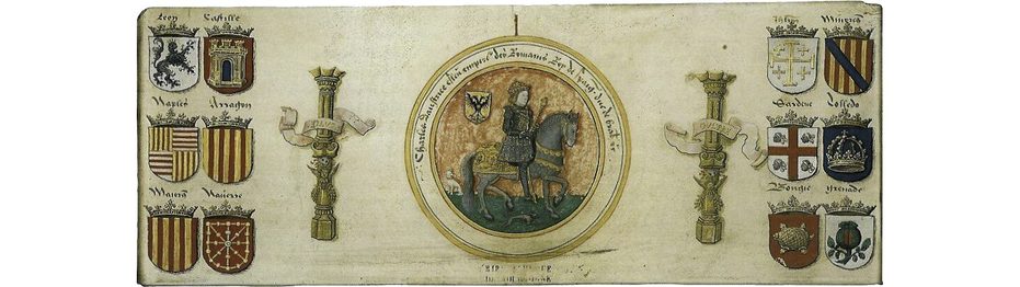 Carlos V rodeado por las columnas de H�rcules y escudos.