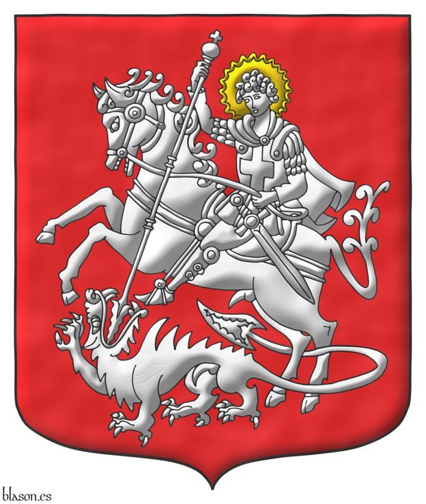 Gules, a Saint George nimbed Or, riding a Horse trampling upon a crawling Dragon, Argent.