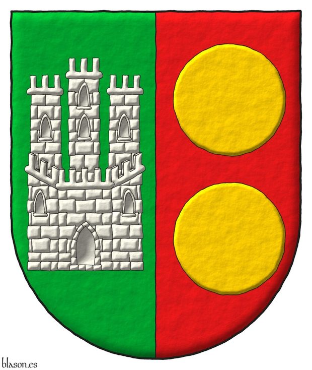 Party per pale: 1 Vert, a Castle triple-towered Argent; 2 Gules, two bezants in pale Or.