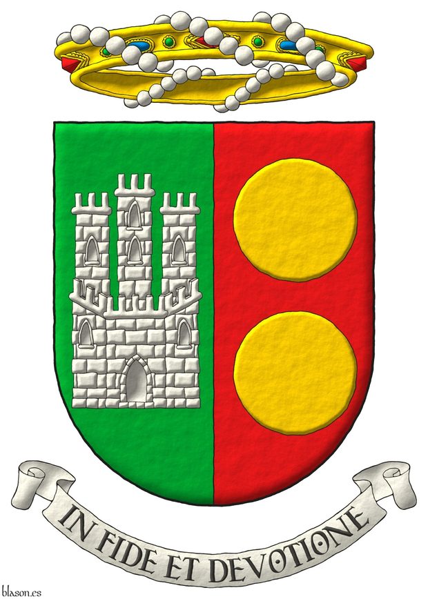 Party per pale: 1 Vert, a Castle triple-towered Argent; 2 Gules, two bezants in pale Or. For crest a crown of baroness. Lema: «In Fide et Devotione».