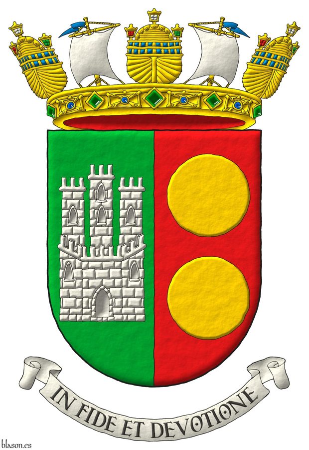 Party per pale: 1 Vert, a Castle triple-towered Argent; 2 Gules, two bezants in pale Or. For crest a naval crown. Lema: In Fide et Devotione.