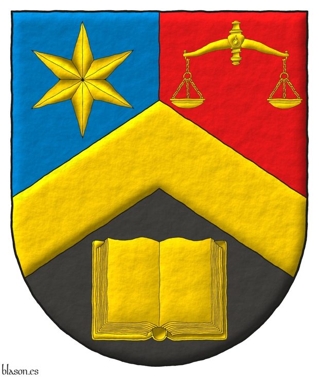 Terciado en perla invertida de azur, gules y sable; brochante sobre el todo un cabrio acompaado, en la diestra del jefe, de una estrella de seis puntas, en la siniestra del jefe, de una balanza, y en la punta, de un libro abierto todo de oro.