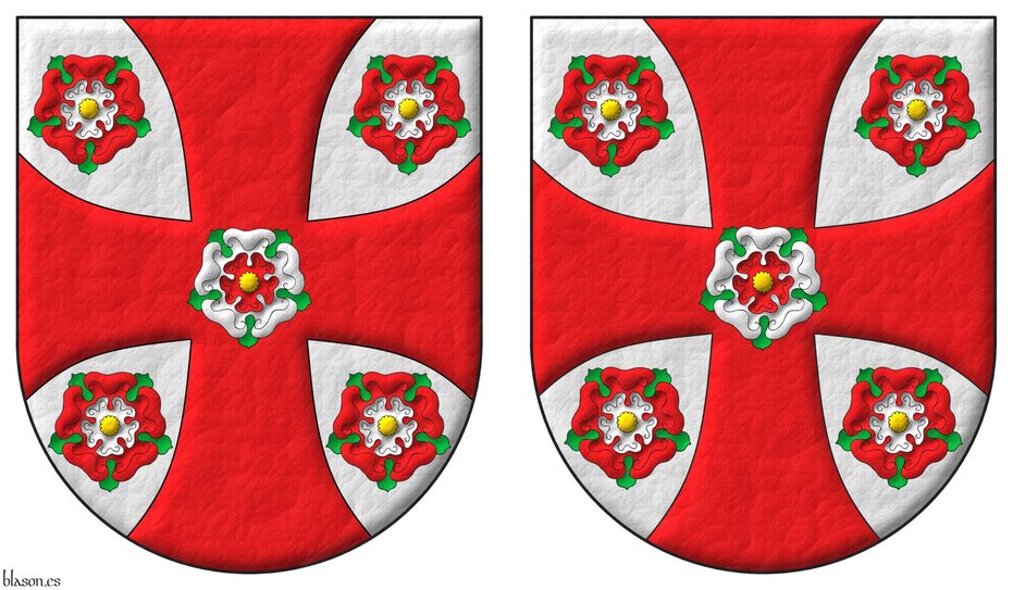 Argent, a cross patty Gules charged with a double rose Argent and Gules, barbed Vert, seeded Or, between four double roses Gules and Argent, barbed Vert, and seeded Or.