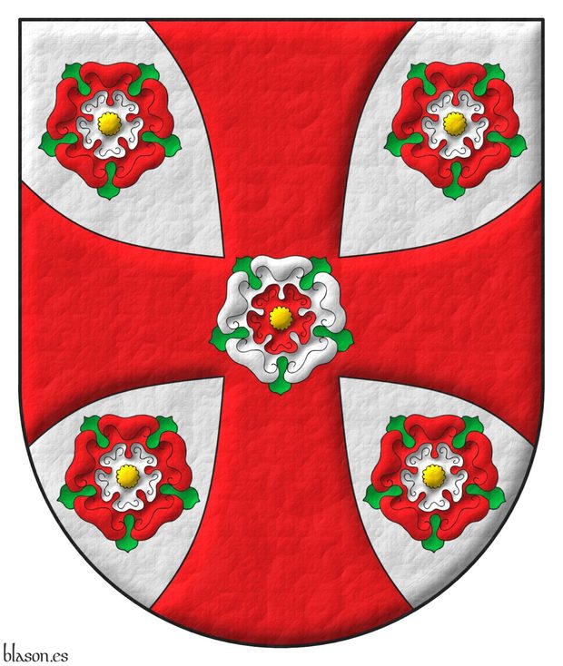 Argent, a cross patty Gules charged with a double rose Argent and Gules, barbed Vert, seeded Or, between four double roses Gules and Argent, barbed Vert, and seeded Or.