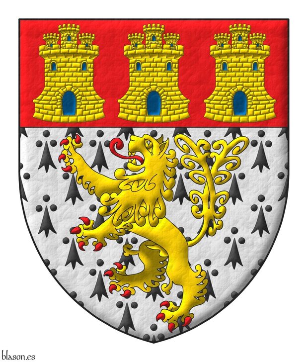 Ermine, a lion rampant double queued Or, armed and langued Gules; a chief Gules, three castles triple-towered Or, port and windows Azure, masoned Sable.