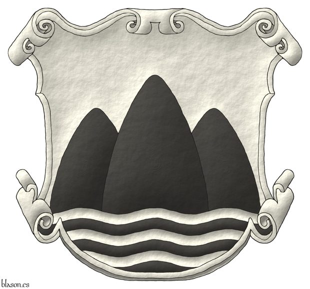 Escudo de armas ilustrado por m, iluminado con luces y sombras, delineado de sable, y con un acabado de trazo alzado.