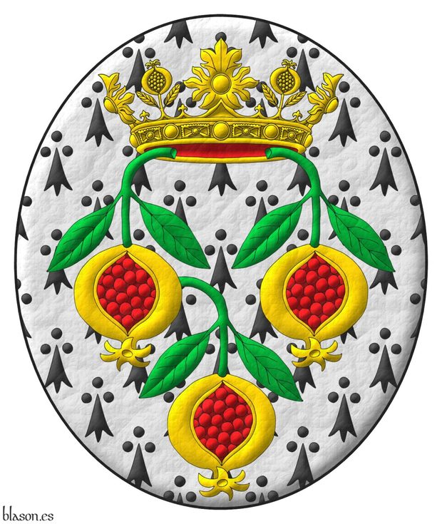 Ermine, three pomegranates inverted Or, seeded Gules, slipped and leaved Vert, ensigned with an open crown, alternating four rosettes of acanthus leaves, visible three, and four pomegranates Or, visible two, lined Gules.