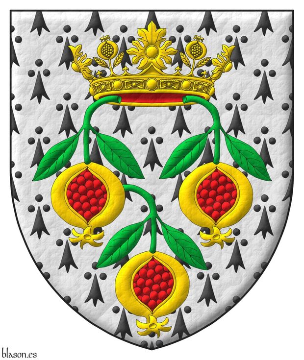 Ermine, three pomegranates inverted Or, seeded Gules, slipped and leaved Vert, ensigned with an open crown, alternating four rosettes of acanthus leaves, visible three, and four pomegranates Or, visible two, lined Gules.