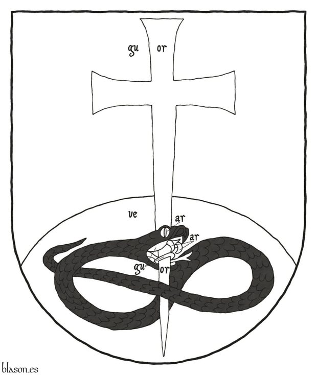 Escudo de gules, un monte de sinople moviente de la punta, brochante sobre el todo una cruz latina patada y fijada de oro, perforando la cabeza de una sierpe nudada y alterada de sable, lampasada de gules.