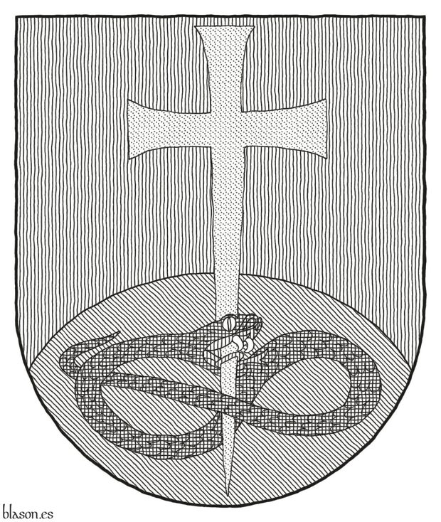 Escudo de gules, un monte de sinople moviente de la punta, brochante sobre el todo una cruz latina patada y fijada de oro, perforando la cabeza de una sierpe nudada y alterada de sable, lampasada de gules.