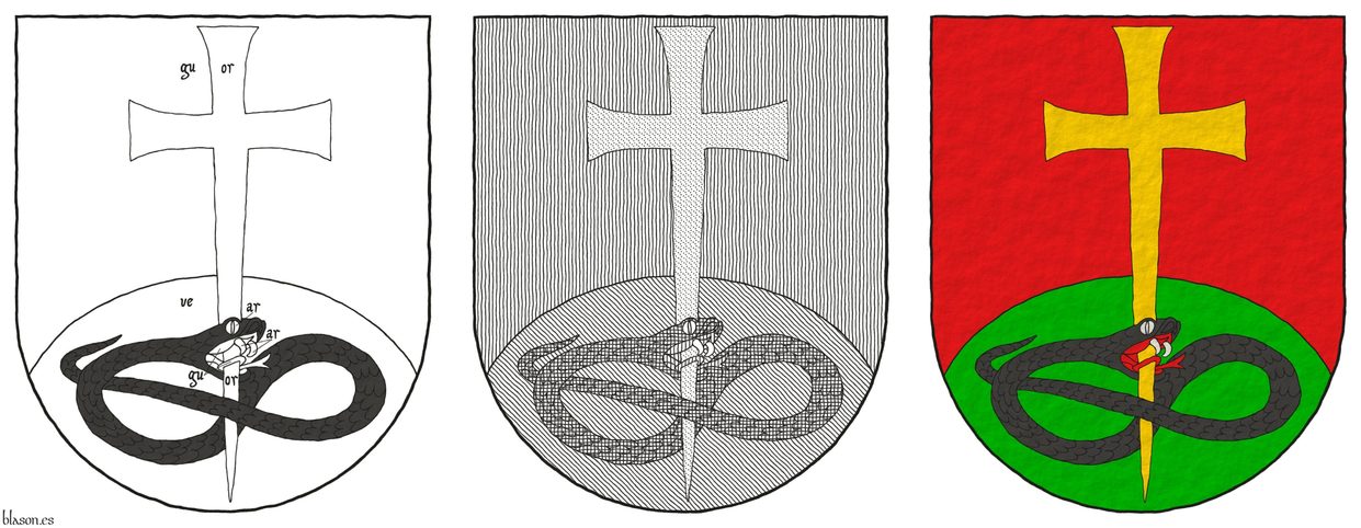 Escudo de gules, un monte de sinople moviente de la punta, brochante sobre el todo una cruz latina patada y fijada de oro, perforando la cabeza de una sierpe nudada y alterada de sable, lampasada de gules.