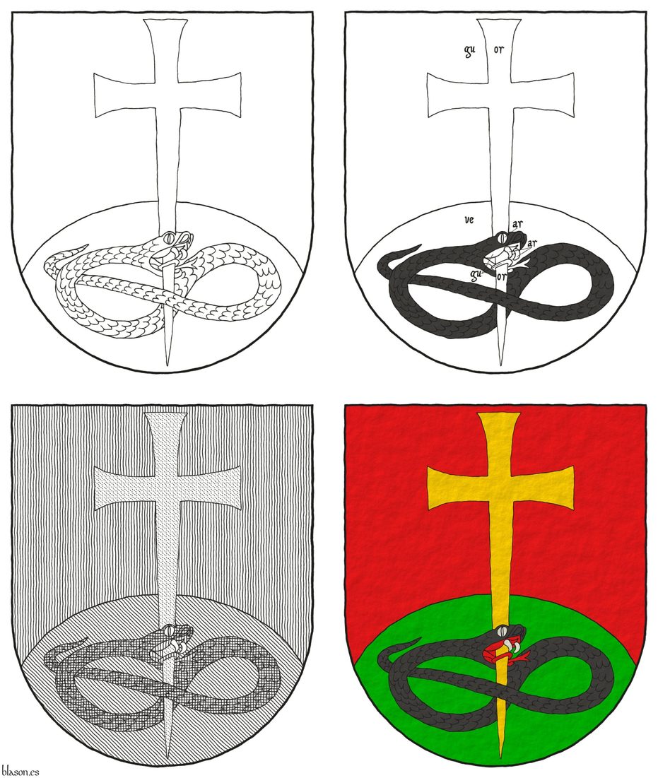 Escudo de gules, un monte de sinople moviente de la punta, brochante sobre el todo una cruz latina patada y fijada de oro, perforando la cabeza de una sierpe nudada y alterada de sable, lampasada de gules.