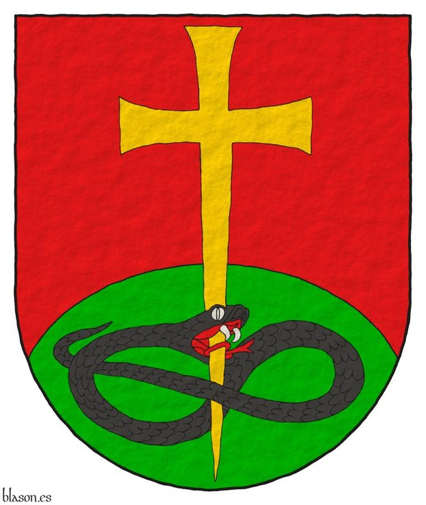 Escudo de gules, un monte de sinople moviente de la punta, brochante sobre el todo una cruz latina patada y fijada de oro, perforando la cabeza de una sierpe nudada y alterada de sable, lampasada de gules.